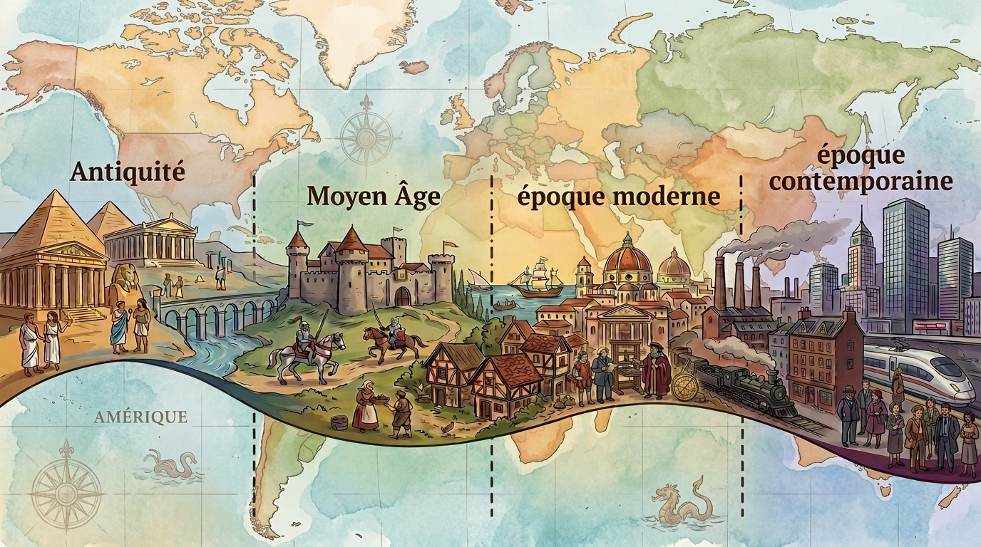 Historical timeline labeled Antiquité, Moyen Âge, Époque moderne, and Époque contemporaine