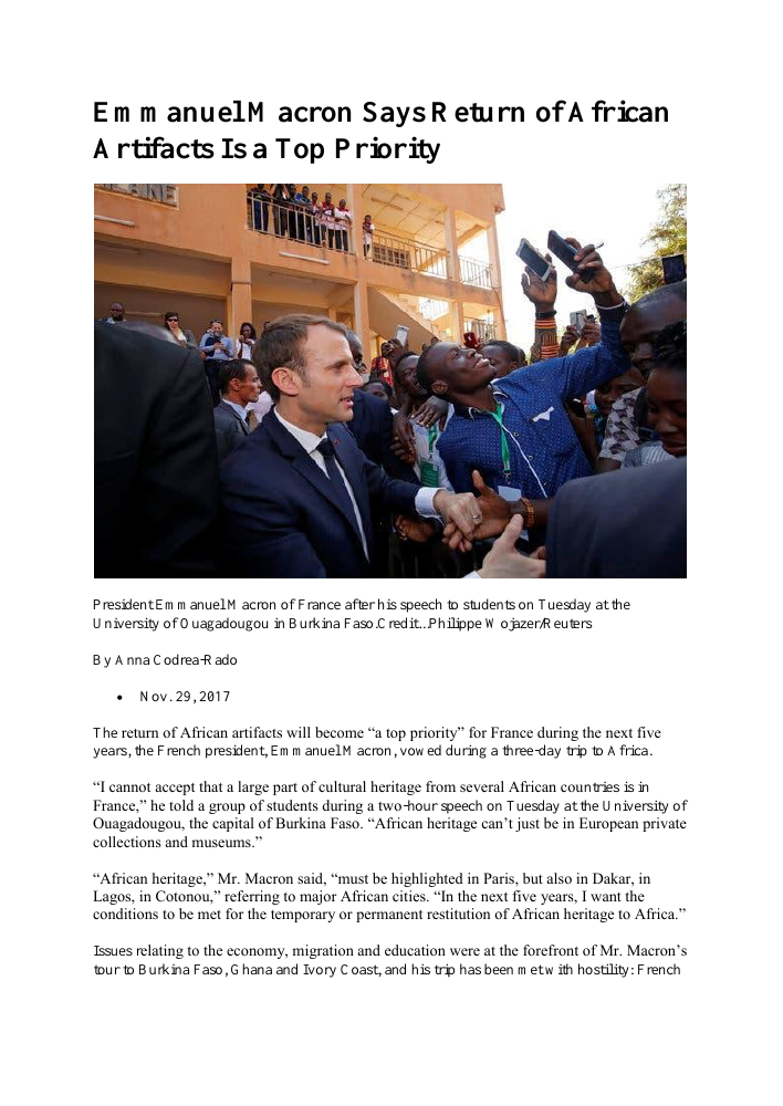 Emmanuel Macron Says Return of African Artifacts Is a Top Priority