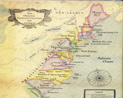 Map of the thirteen original colonies